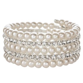 Kicomvi Imitition Pearl Stretch Bracelet Multilayer Crystals Pearl Elastic Bangle for Women Wedding Jewelry 1920s Costume-A sliver