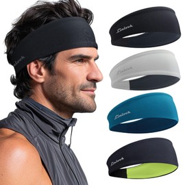 Sports Headbands for Men and Women, Antibacterial Sweatband Forehead, Elastic Non-Slip Hair Band for Jogging, Running, Fitness, Yoga, Cycling, Basketball (2 Black + Grey + Blue)