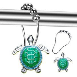 Elerslodia Green & Silver Sea Turtle Decorative Shower Curtain Hooks Set,12 Pieces,Roller Ball, Stainless Steel,Cute Ocean Animal Decor, Beach Shower Rings,Rustproof,for Home Living & Bathroom