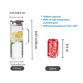 Hwagui - Heat Resistant Glass Pitcher with Stainless Steel Lid, Water Carafe with Handle, Good Beverage Pitcher for Homemade Juice and Iced Tea, 1000ml/34oz