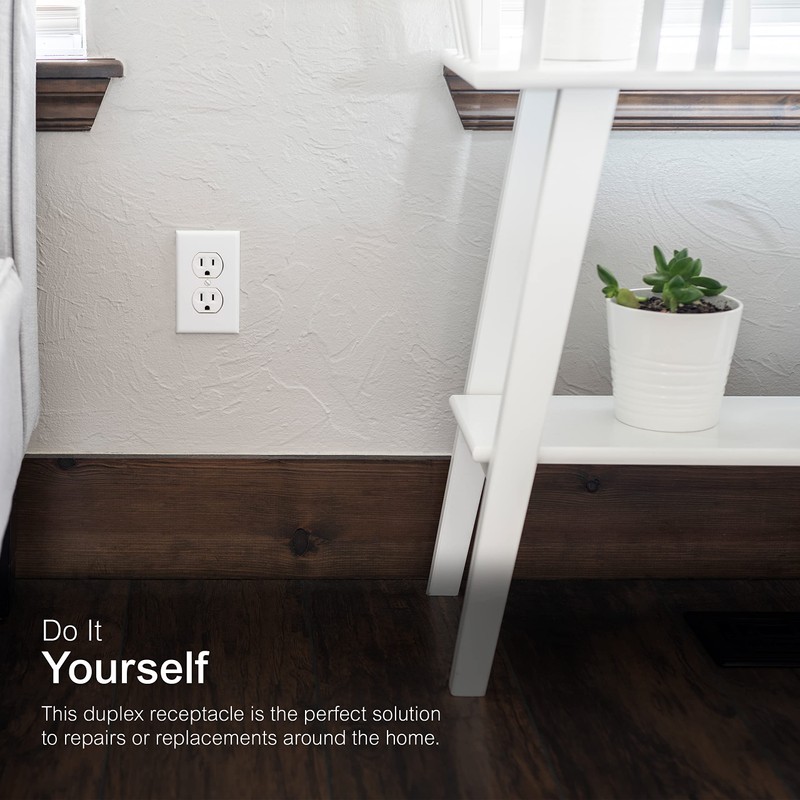 GE UltraPro Duplex Heavy-Duty Receptacle, White, Wall Outlet, Reinforced Yoke,