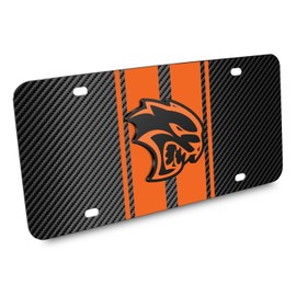 iPick Image for Dodge Hellcat 3D Logo in Orange on Orange Stripe Black Carbon Fiber Look Stainless Steel License Plate for Decorative