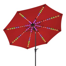 PEAKVONDER 9 ft Outdoor Patio Umbrella with Solar Lights - Large Heavy Duty Beach/Table/Pool/Deck/Market Umbrella, Dual Charging, Tilt, APP & Button Control, UV/Fade-Resistant, Red HPU092R