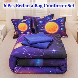 Tasselily Full Size Comforter Sets for Boys, Space Bedding Set Full Bed in a Bag, 6 Pcs Universe Planet Galaxy Comforter Set with Sheets