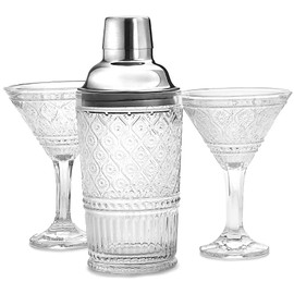 Godinger Cocktail Shaker and Martini Glasses Barware Gift Set, Martini Shaker and 2 Cocktail Glasses Set, Vintage Decor, Claro Collection