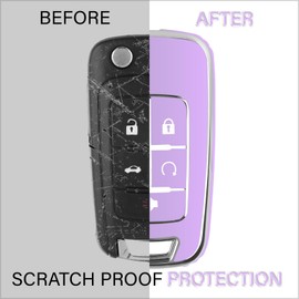 QBUC for Chevy Key Fob Cover with Leather Keychain Chrome Silver Trim Soft TPU Compatible with 2010-2019 Chevy Equinox Malibu Impala Cruze Sonic 5-Buttons(Purple)