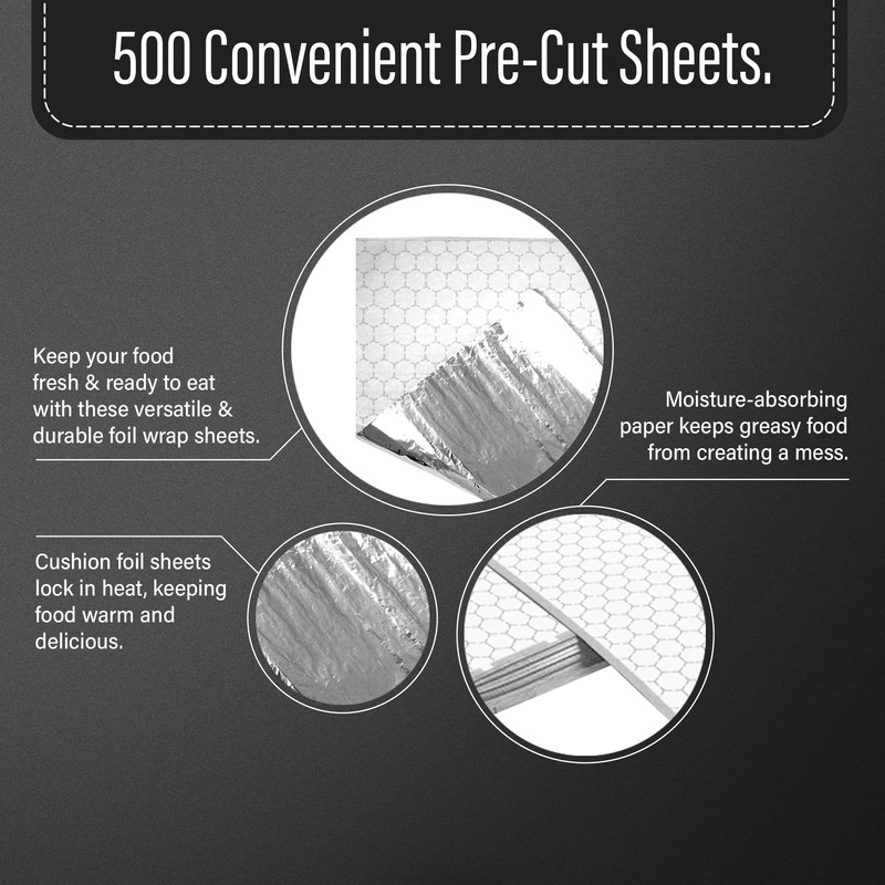 Insulation Sandwich Wrapping Paper Aluminum Foil Sheets - [500 Pack]