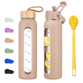 Olivego 32 oz Glass Water Bottle with 2 Lids-Handle Straw Lid & Bamboo Lid,1 Liter Motivataional Tumbler Water Time Marker, Borosilicate Glass Water Bottles With Silicone Sleeve, Leakproof