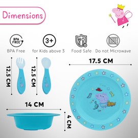 4Pcs George Pig Dishware Feeding Tableware Set for Babies, Reusable and BPA Free Plate, Bowl Fork and Spoon Blue, Best Gift for Travel Summer Mealtimes Babies 6+ Months