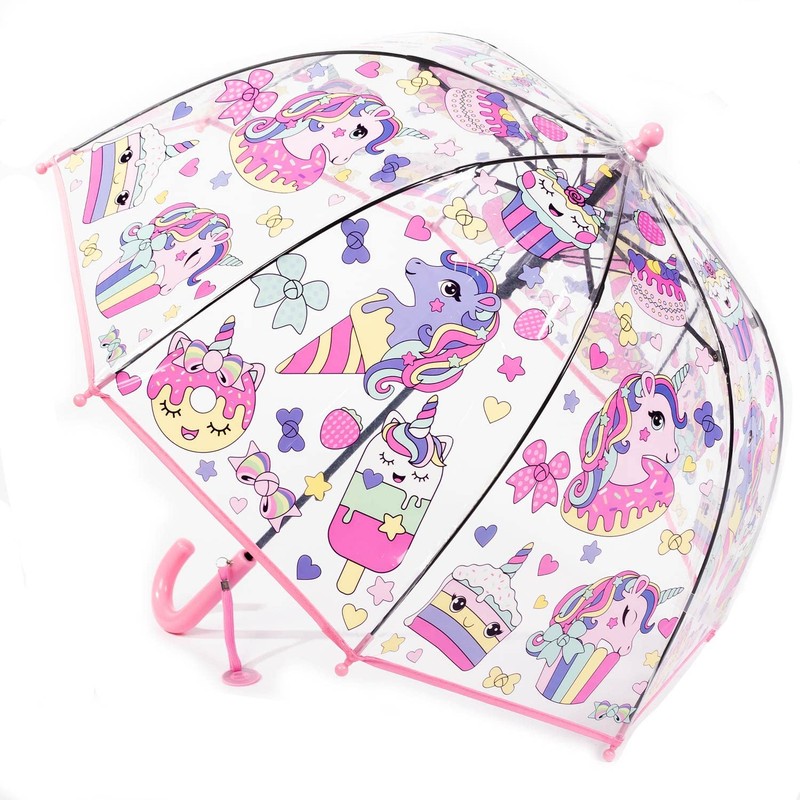 MRTLLOA Kids Pink Unicorn Clear Bubble Umbrella, Toddler Grip Curved