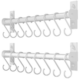 Dseap Kitchen Utensil Holder Hanger, Pot and Pan Rack Wall Mounted, Kitchen Rail with 8 Hooks for Hanging Cooking Utensils, Mugs, Spoons, Wall Mounted, White, Pack of 2