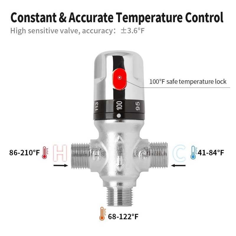 WiseWater Thermostatic Mixing Valve with 1/2 G Thread, Chrome Plated
