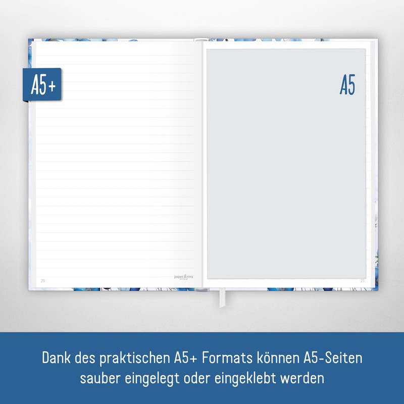 paper&you® Notebook A5+ Lined with Elastic Band "Blue Blossoms" 156