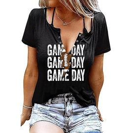 Game Day Outfits Shirts Women V Neck Football Graphic Tee Tops Funny Football Game Day Shirts for Teen Girls(Black XXL)