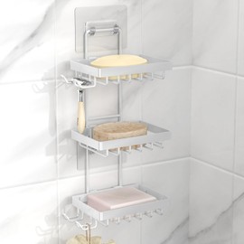 Moforoco Soap Dish Holder for Shower Wall, No Drilling, 3-tier 304 Rustproof Stainless Steel, Soap Bar Holder with 4 Hooks and Razor Holder for Shower, Shampoo Bar Holder for Shower Caddy for Bathroom