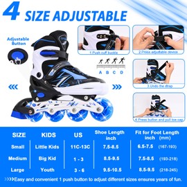 Adjustable Kids Inline Skates for Boys Girls with Full Light Up Wheels, Outdoor Children‘s Roller Skates for Girls and Boys (Blue Black, Large)