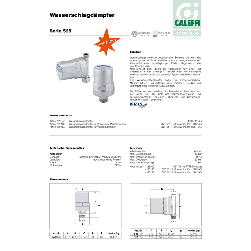 Caleffi ANTISHOCK Water Hammer Arrester 3/8'' F x 3/8'' M