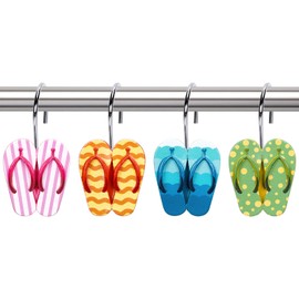 Whaline 12Pcs Summer Flip Flops Shower Curtain Hooks Slippers Decorative Shower Rod Rings Beach Ocean Resin Curtain Hanger Hooks for Living Room Bedroom Bathroom Decor
