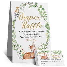 skuhyyg Diaper Raffle Sign, Diaper Raffle Baby Shower Game Decorations Set(1 Sign + 50 Cards), Green Eucalyptus Deer Woodland Forest Animals Insert ticket，Neutral Boy Girl-01