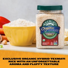 RiceSelect Organic Texmati White Basmati Rice, Premium Non-GMO Gluten-Free Long-Grain White Rice, 32-Ounce Jar