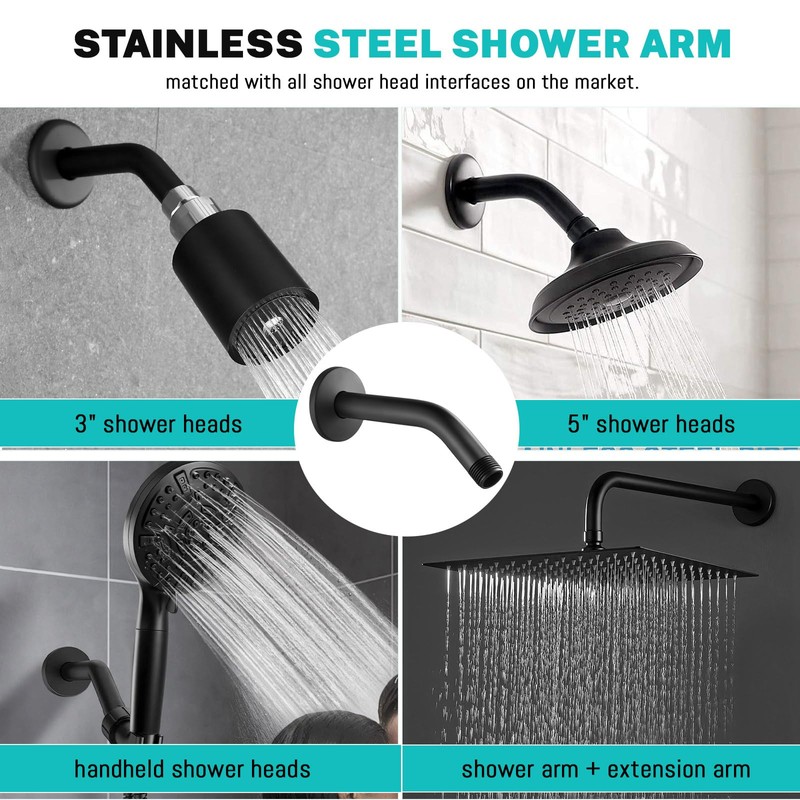 Black Shower Arm with Flange, Wall Mounted Shower Head Extension,