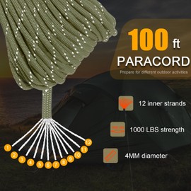 CooBigo Paracord Rope 1000 lb 4mm 12 Strand Parachute Cord 100ft Reflective Army Green Paracord for DIY Weave Bracelet/Lanyards Tent Camping Hiking,Survival or Others Outdoor Gear