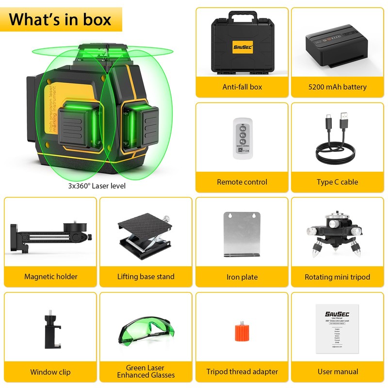 Laser Level 360 Self Leveling, SAVSEC 3 x 360 3D