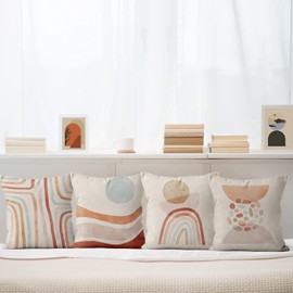 ASDCXZ Boho Cushion Cover 40 x 40 cm Set of 4 Modern Abstract Art Boho Sun Line Beige Decorative Cushion Covers Washable Polyester Flax Textile Cushion Cover