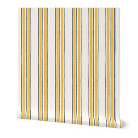 Spoonflower Commercial Grade Wallpaper Swatch - Ticking Stripe Traditional Classic Timeless Blue Yellow Cream Traditional Wallpaper