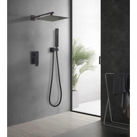 JingGang Oil Rubbed Bronze Shower System 12 Inch Bathroom Rain Mixer Shower Combo Set Wall Mounted Rainfall Shower Head and Handheld System Shower Faucet Set Rough-in Valve Body and Trim Included