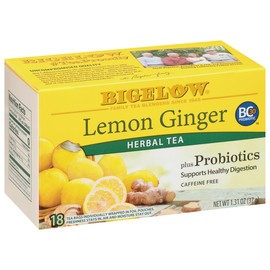Bigelow Tea Lemon Ginger plus Probiotics Herbal Tea, Caffeine Free Tea, 18 Total Tea Bags (Pack of 1)
