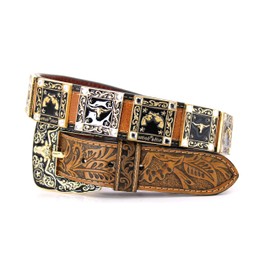 West Star Texas Western Leather Belt Longhorn Buckle Double Guns Unisex Genuine Leather Cowboy Belt 783A Longhorn TAN Floral XL