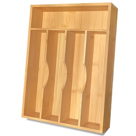 guiogc Bamboo Kitchen Drawer Silverware Organizer, 9 Inch Silverware Utensils Tray Holder for Small Drawer, Cutlery Tray, Wood Caddy for Flatware Cutlery Knives 5-Slots