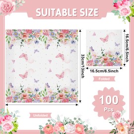 100 Pcs Butterfly Napkins Pink Butterfly Party Paper Guest Towels Disposable Colorful Garden Spring Summer Flower and Butterflies Hand Towels for Wedding Birthday Party Supplies (6.5 x 6.5 Inch)