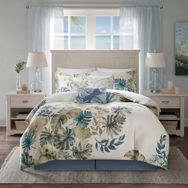 Harbor House Lorelai Cal King Size Bed Comforter Set - White, Green, Blue, Tropical Plants, Leaf – 6 Pieces Bedding Sets – 100% Cotton Sateen, Cotton Percale Bedroom Comforters