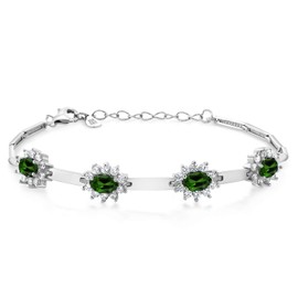 Gem Stone King 925 Sterling Silver Green Chrome Diopside and White Created Sapphire Bracelet For Women (3.80 Cttw, Gemstone, Oval 6X4MM, 7 Inch + 1 Inch Extender)