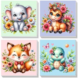 Pujeknm Pack of 4 Animals Paint by Numbers from 5 6 7 Years Girls with Frame Turtles Fox Horse Elephant Paint by Numbers for Children Acrylic Paints with as a Gift, Medium 20 x 20 cm Cute Animals