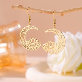 KKJOY Lotus Flower Yoga Dangle Earrings Stainless Steel Lotus in Moon Pendant Earrings Inspirational Jewellery for Women Charming Ladies, Stainless Steel, No Gemstone