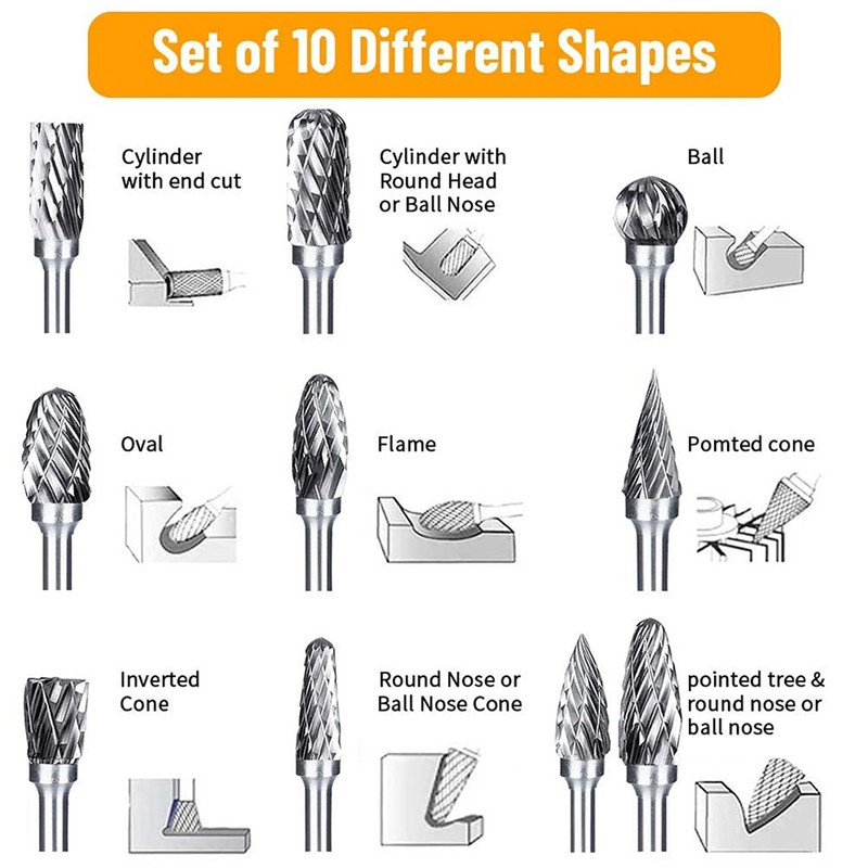 20Pcs Tungsten Carbide Carving Bits Double Cut Rotary Burr Set