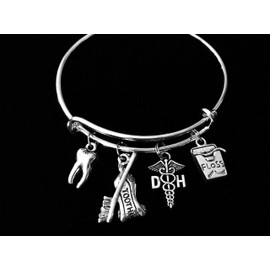Dental Hygienist Jewelry DH Expandable Charm Bracelet Silver Tooth Floss Toothpaste Toothbrush Silver Wire Bangle