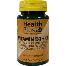 Health Plus Vitamin D3 1500iu (38µg) + K2 (MK-7) 75µg : Vitamin D & K2 Supplement : 60 Vegan Capsules, in a Planet-Friendly 99% Recycled Pot