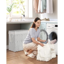 SONGMICS Laundry Hamper with Lid, 110L Clothes Hamper with 2 Removable Liner Bags, 6 Mesh Bags, Wicker Laundry Basket, Double Laundry Hamper for Laundry Room, 13 x 22.4 x 23.6 Inches, White ULCB52WT