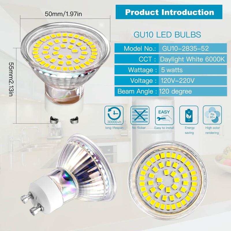 CQTLED GU10 LED Light Bulbs 5W,Daylight White 6000K 500LM,110-220V,120°Wide Angle,Replaces