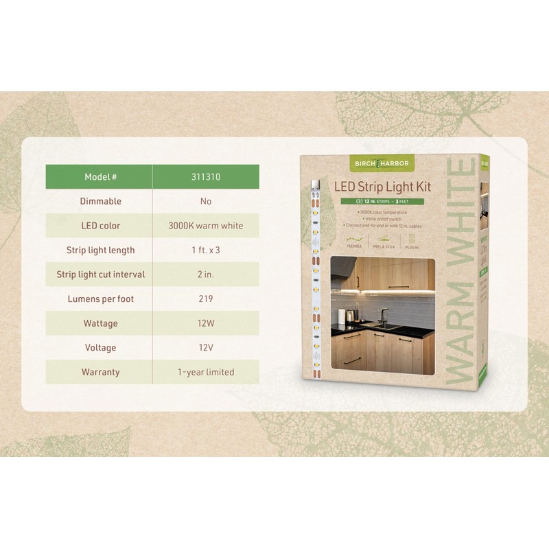 Birch Lighting Warm White 12" LED Strip Light Kit 311310