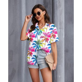 Hawaiian Shirts for Women Tropic Plam Tree Print Tees Beach Hawaii Tshirts Button Up Tee Tops Summer Vacation Short Sleeves White