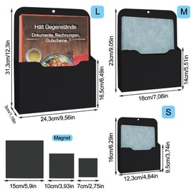 YUNXCNA Pack of 3 Magnetic File Holder, 3 Sizes, Magnetic Paper Holder, Document Holder, Hanging File Organiser, Office Supplies Storage, for Whiteboards, Home, Black (S/M/L)