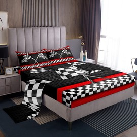 Race Car Themed Bed Sheet Set King Size,Black White Checkered Flag Print Deep Pocket Fitted Sheet,1 Flat,2 Pillowcases,Red Stripes Geometric Grid Plaid Bed Mattress Cover, Bedroom Decor