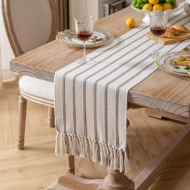 Caflife Boho Table Runner 90 Inchs Long Taupe and Beige, Cotton and Linen Woven with Tassels, for Modern Rustic Farmhouse Neutral Table Runners, Bohemian Kitchen Dining Table Home Decor