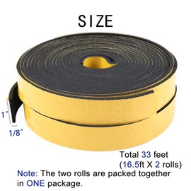 Yotache Adhesive Weather Stripping 2 Rolls 1" W X 1/8" T, Neoprene Foam Weatherstrip Tape for Automotive, 33 Ft Length (2 X 16.5 Ft Each)
