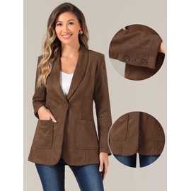 Allegra K Faux Suede Blazer for Women's Lapel Collar One Button Dressy Suit Jacket Brown Large